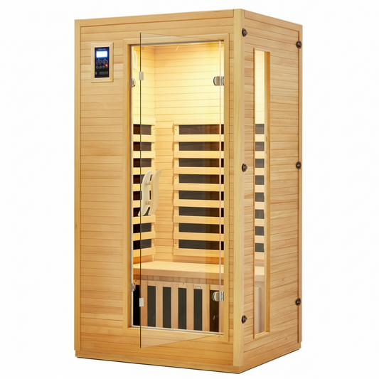 Infrared Sauna Built for Daily Wellness, Canadian Hemlock Wood, Low EMF Carbon Panels, Bluetooth Speakers