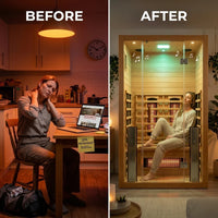 Infrared Sauna Built to Support Daily Wellness, 4 Person Capacity, Canadian Red Cedar, Near Zero EMF — Before & After