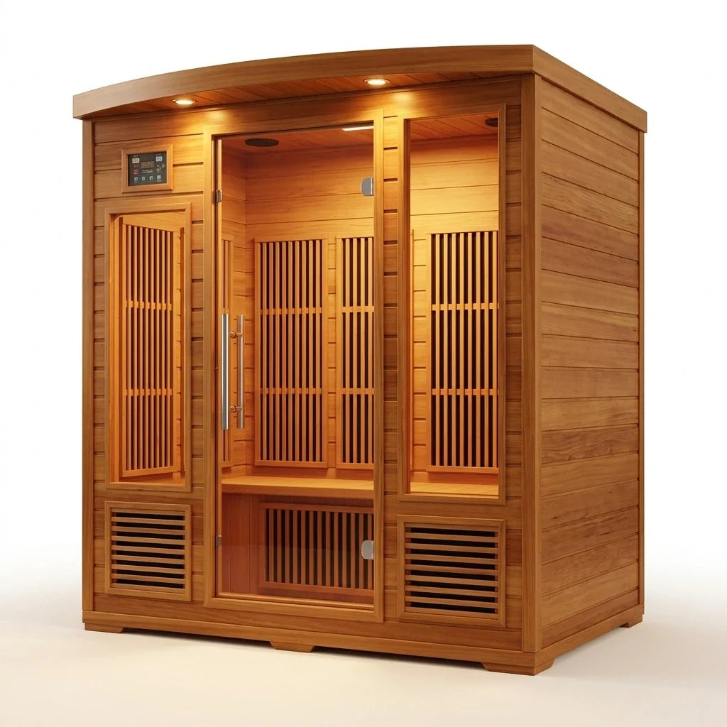 Infrared Sauna Built to Support Daily Wellness, 4 Person Capacity, Canadian Red Cedar, Near Zero EMF — Studio Shot
