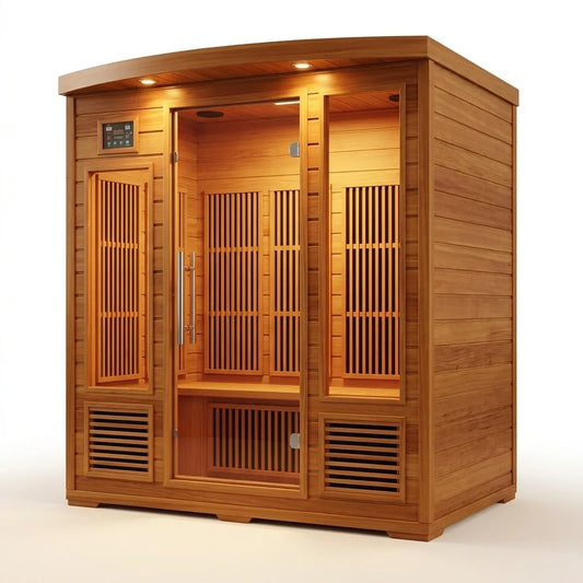 Infrared Sauna Built to Support Daily Wellness, 4 Person Capacity, Canadian Red Cedar, Near Zero EMF — Studio Shot