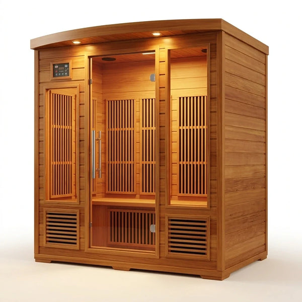 Infrared Sauna Built to Support Daily Wellness, 4 Person Capacity, Canadian Red Cedar, Near Zero EMF — Studio Shot